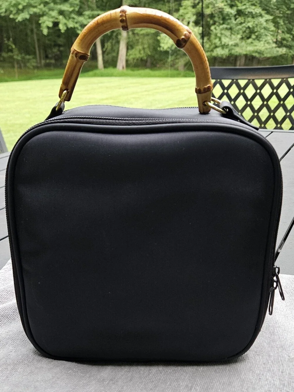 Vintage Avon Black Nylon Organizer Travel Bag with Natural Bamboo Handle